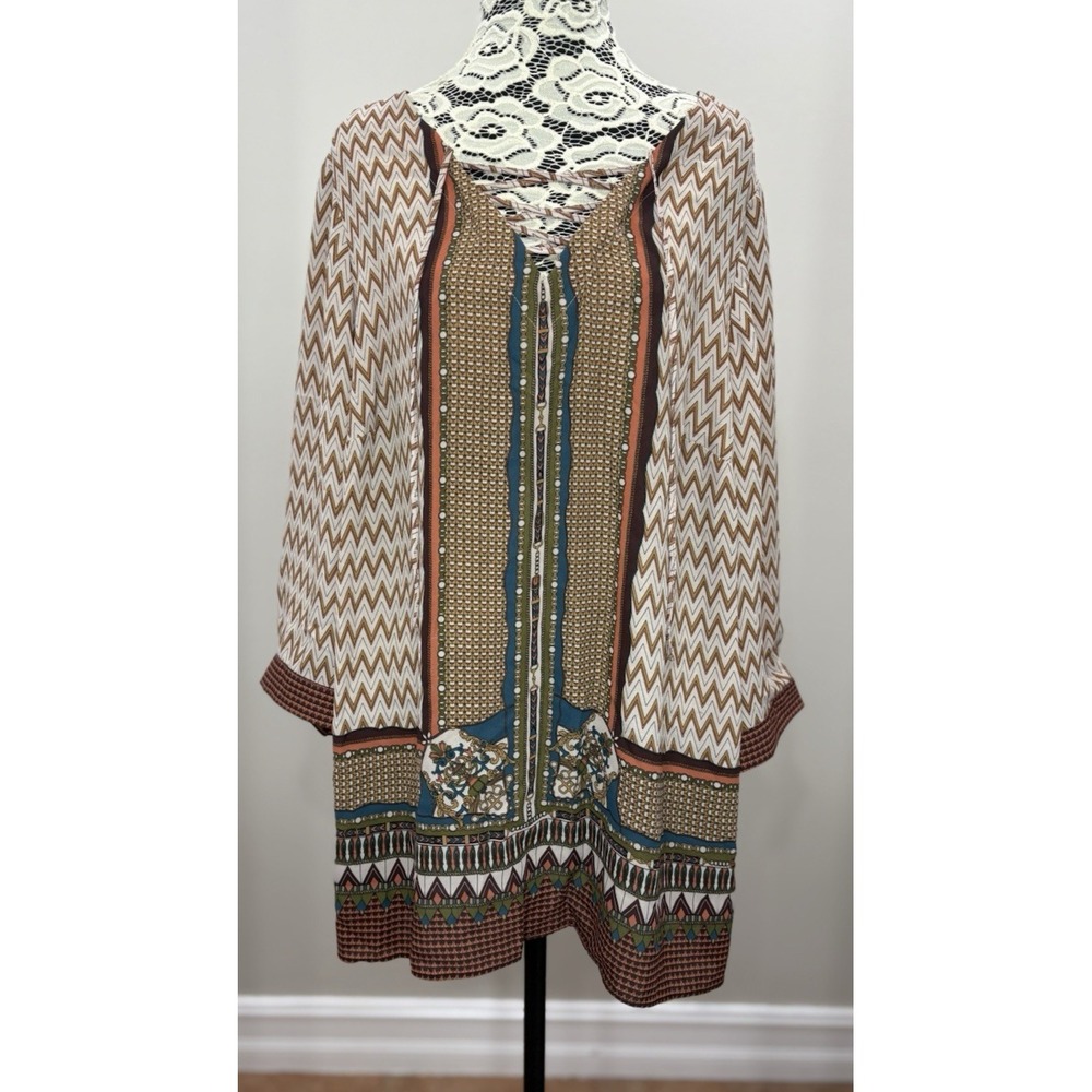 Rose & Olive Popover Blouse Top 1X V Neck Sheer Aztec Brown Teal Bohemian Office
